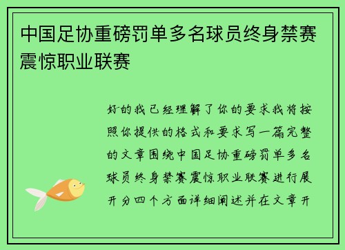 中国足协重磅罚单多名球员终身禁赛震惊职业联赛