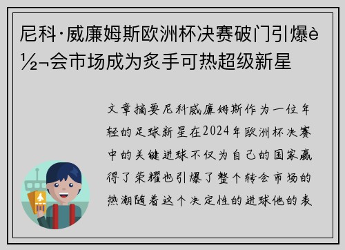 尼科·威廉姆斯欧洲杯决赛破门引爆转会市场成为炙手可热超级新星